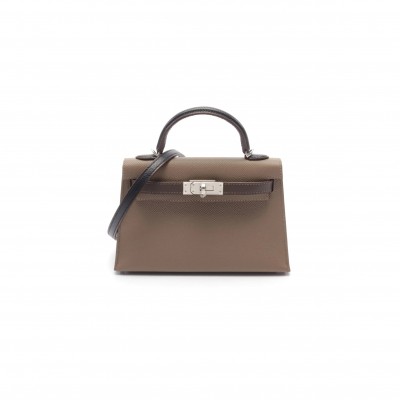 HERMÈS MASTER MINI KELLY II TRICOLOR ETOUPE ECORSE HANDBAG VEAU EPSOM GRAY BROWN BLACK SILVER HARDWARE OUTSIDE  (19*12*5.5cm) 